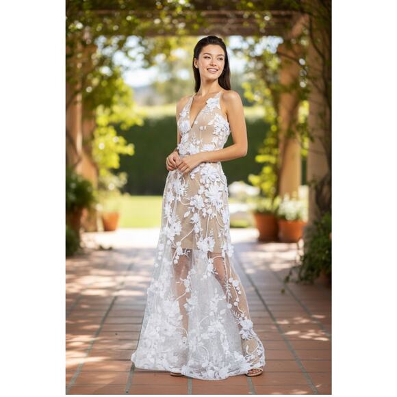 Dress The Population Sidney Sheer Floral Lace Maxi Gown Tan/ White Size M NWT - Picture 1 of 13